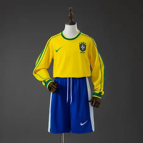 Conjunto Brasil Primera Equipación 1998 Retro Manga Larga Niños