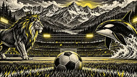 Ilustración editorial de un estadio de Utah entre montañas, un león y una orca.
