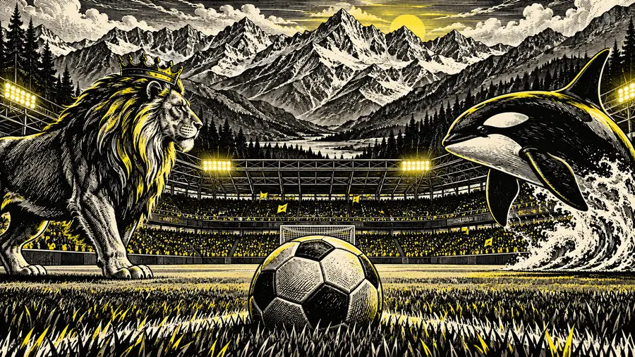 Redaktionelle Illustration eines Stadions in Utah zwischen Bergen, Löwe und Orca.