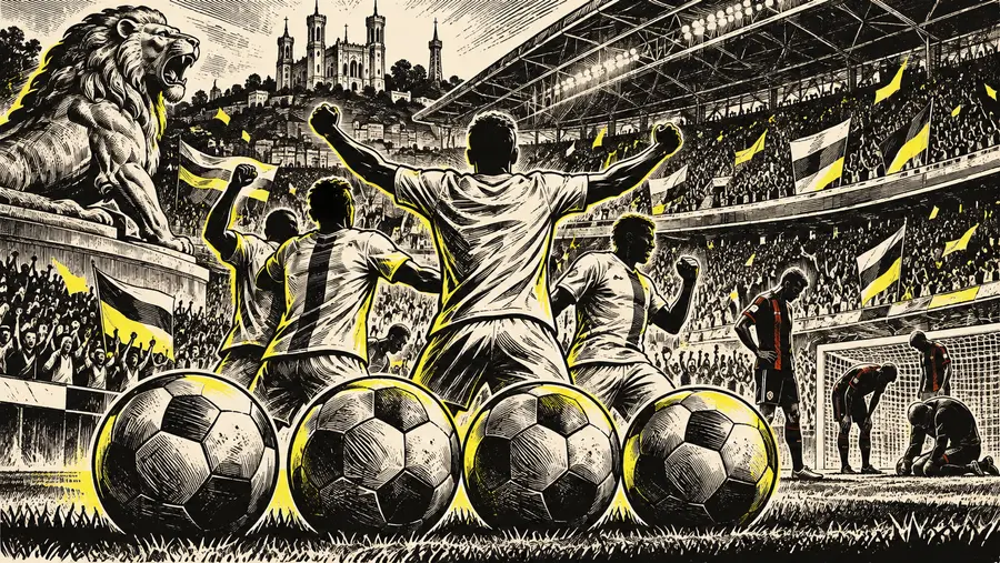 Illustration éditoriale d’un attaquant célébrant devant un stade et quatre repères de buts.