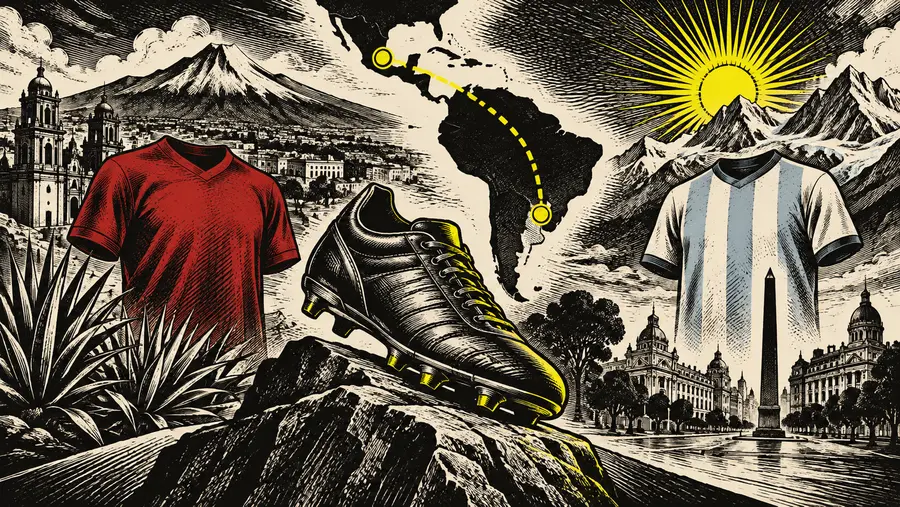 Illustrazione editoriale di un percorso calcistico fra Messico e Argentina.