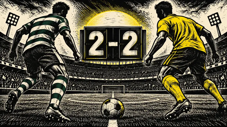 Ilustración editorial de dos futbolistas y un marcador 2-2.