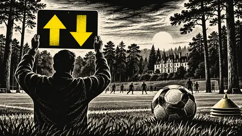 Illustration einer Wechseltafel und eines Balls auf einem von Bäumen umgebenen Platz.