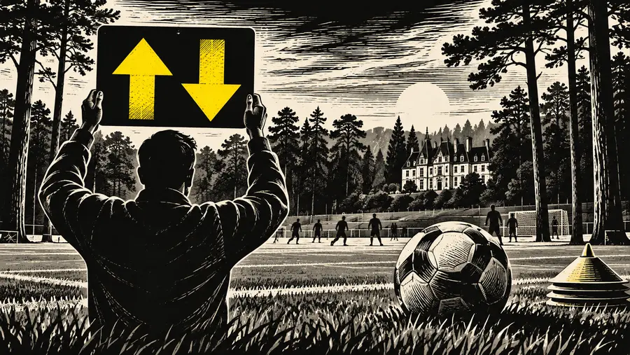 Illustrazione di un tabellone per le sostituzioni e un pallone su un campo alberato.