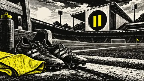 Illustration von Fußballschuhen und Leibchen am Platz mit einem Pausensymbol.