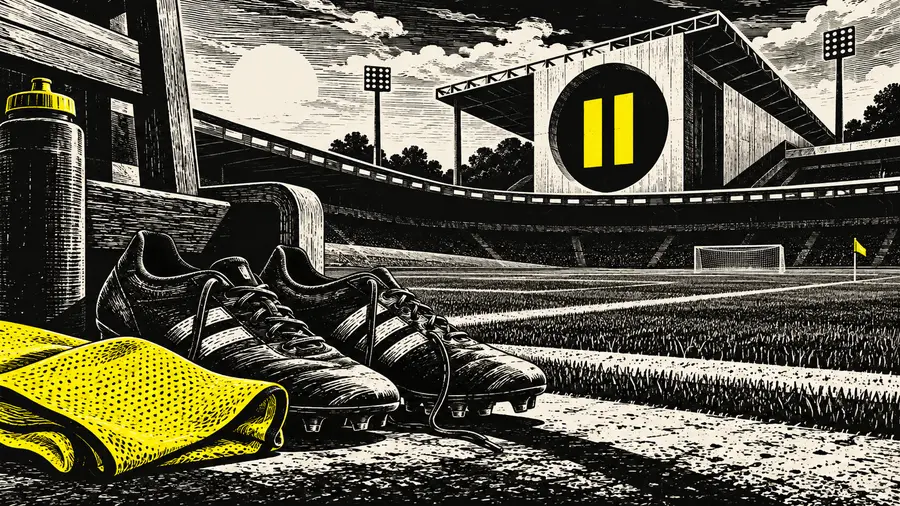 Illustration of boots and a training bib beside a pitch with a pause symbol.