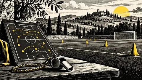 Illustrazione di una lavagna tattica e un fischietto accanto a un campo toscano.