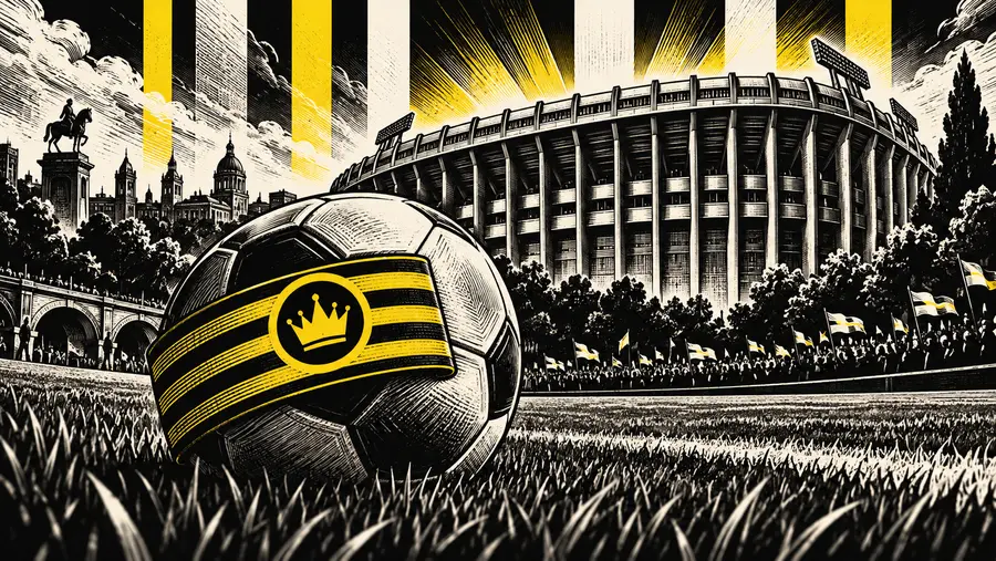 Illustration eines Balls mit Kapitänsbinde vor einem Stadion.