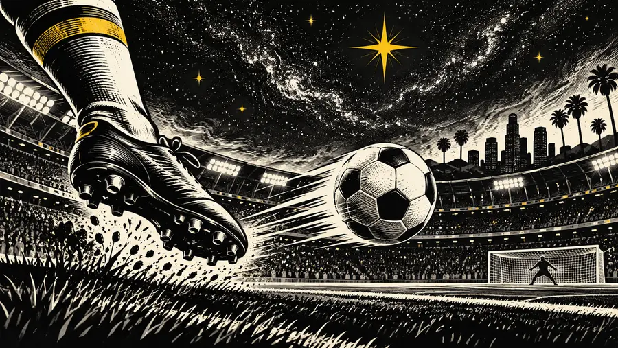 Illustrazione di una scarpa che calcia un pallone sotto le stelle di uno stadio.