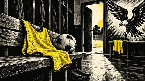 Illustration of a training bib and ball in a locker room opening onto a pitch.