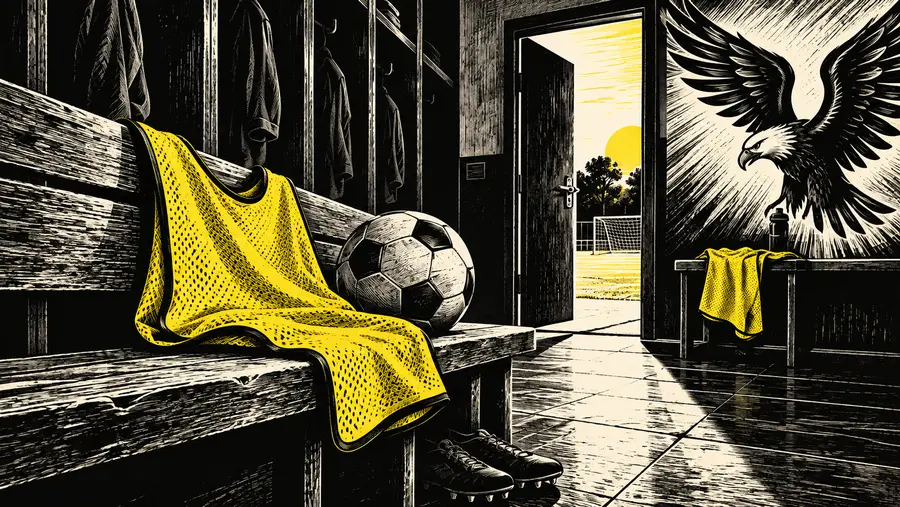 Illustration of a training bib and ball in a locker room opening onto a pitch.