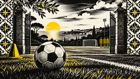 Illustration eines Balls am Eingang eines Platzes mit Fliesenmustern.