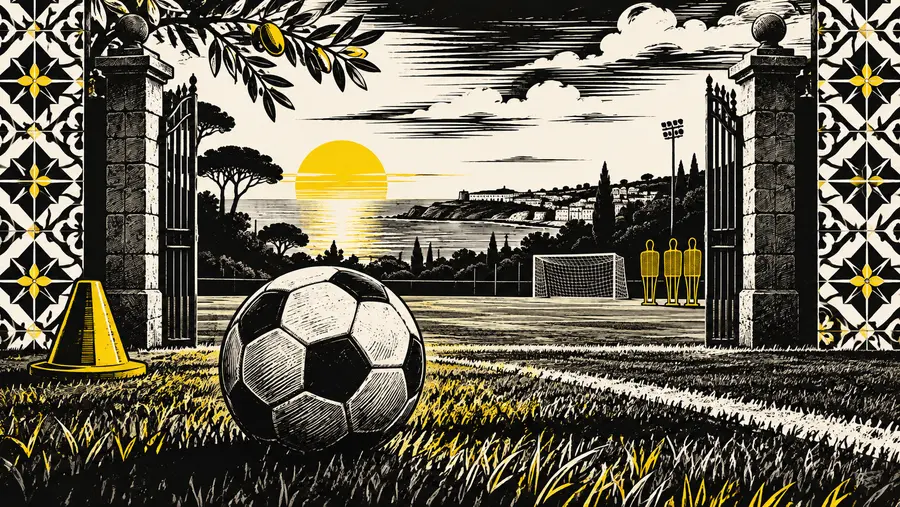 Illustrazione di un pallone all’ingresso di un campo con motivi di azulejos.