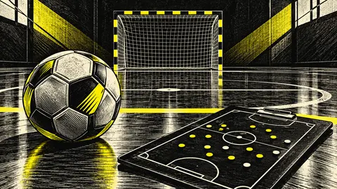 Illustrazione di un pallone da futsal, una porta e una lavagna tattica.