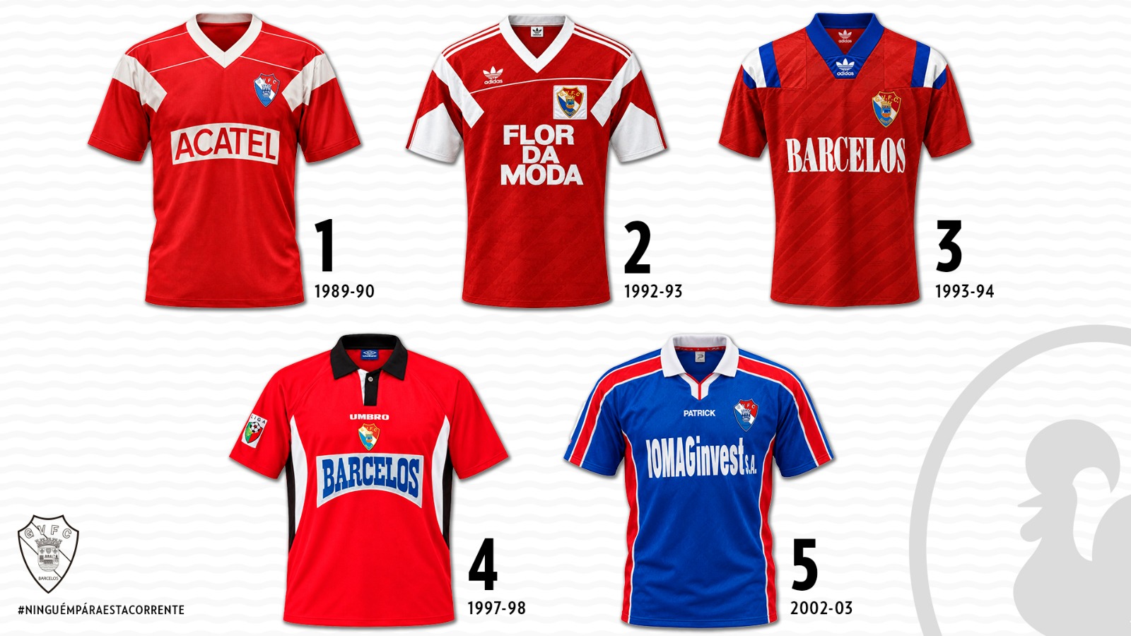 Archive panel: five shirts from the 1989/90 to 2002/03 seasons.
