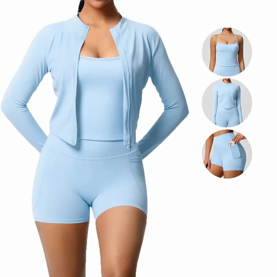 Volupie Zip Flow Short Set | Conjunto 3 Piezas Chaqueta + Top + Short con Bolsillo
