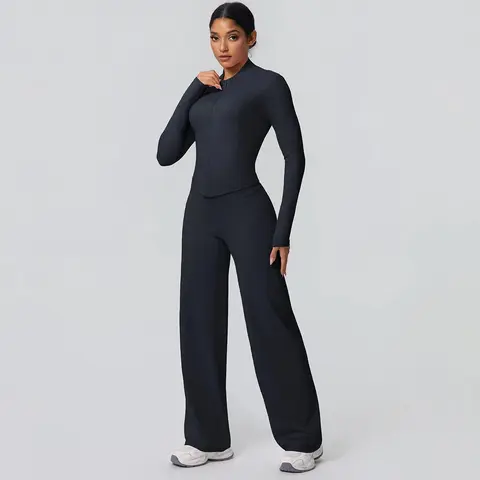 Volupie Zip Flow Set | Zip Jacket + Wide Leg Pants Activewear Set
