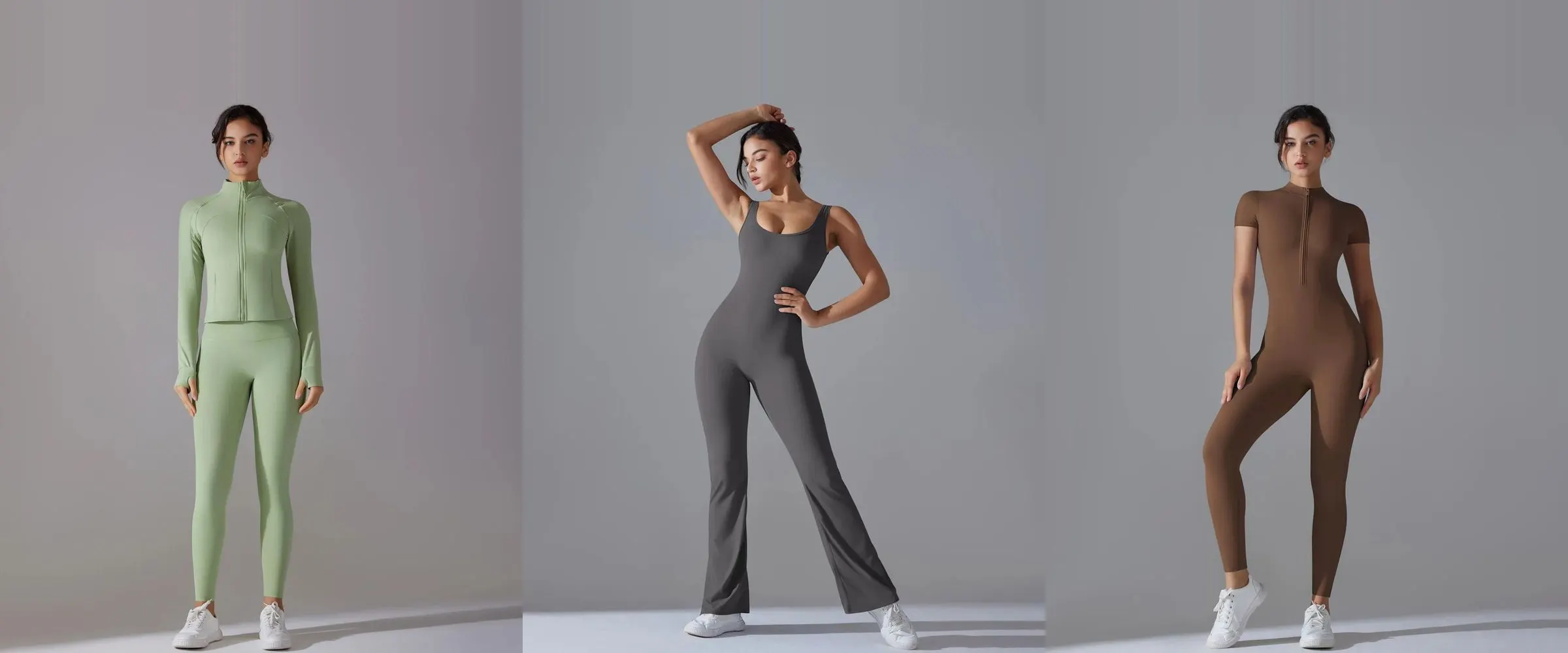 Volupie activewear sets and jumpsuits in earth tones