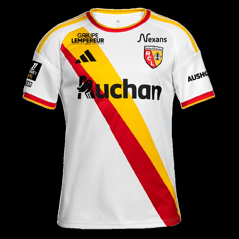 Lens 2026/27: a red-and-yellow diagonal on white — Kit details.